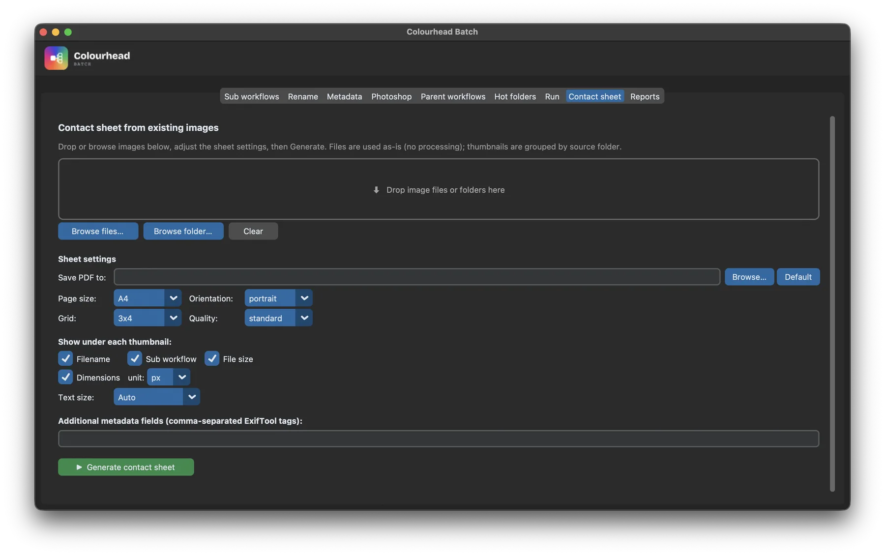 Contact sheet tab — page size, grid and per-thumbnail caption settings