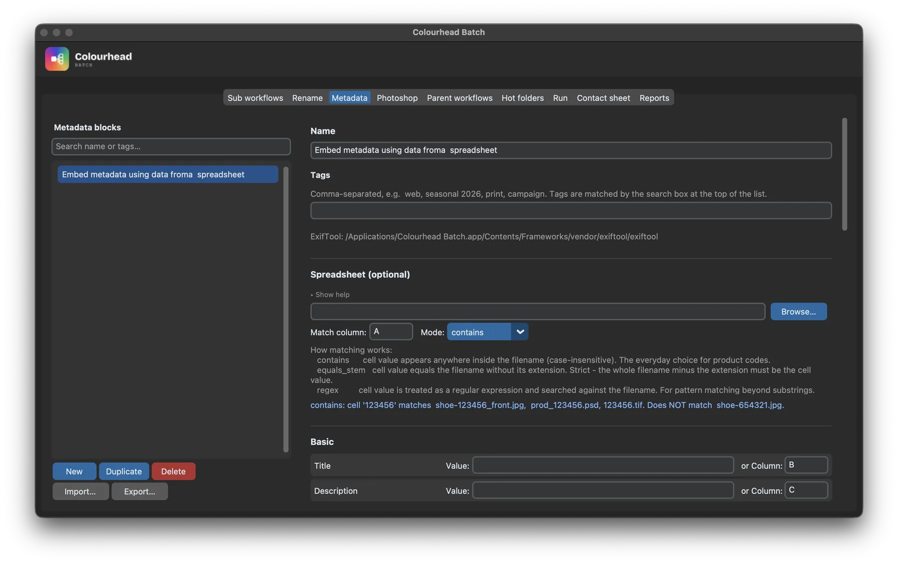 Metadata tab — mapping spreadsheet columns into title and description fields