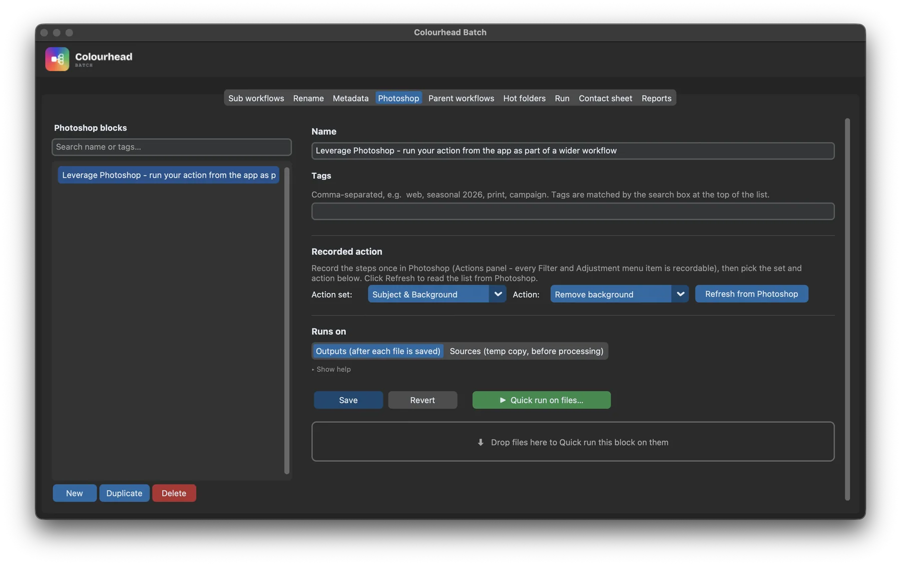 Photoshop tab — selecting a recorded action set and choosing when it runs