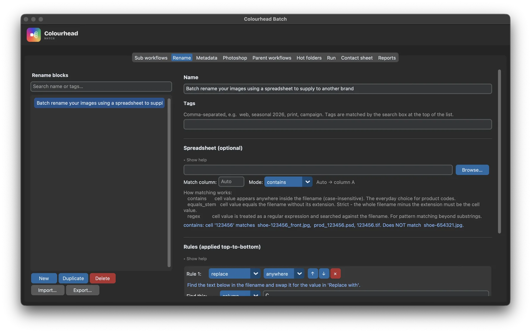 Rename tab — spreadsheet matching and top-to-bottom rename rules