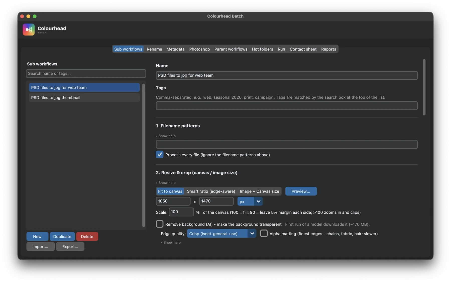 Sub workflows tab — building a PSD-to-JPG workflow with filename patterns and resize settings